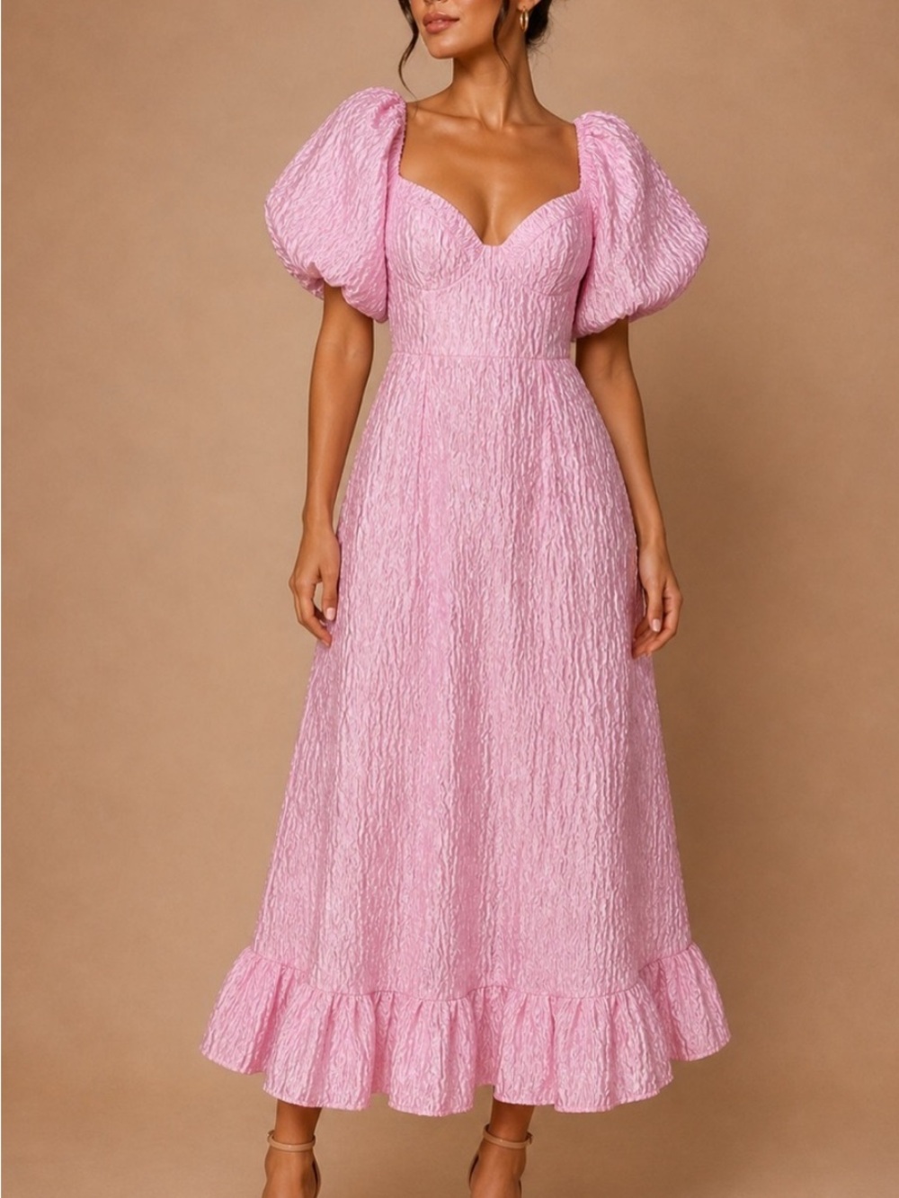 Sister Jane Pink Textured Puff-Sleeve Maxi Dress